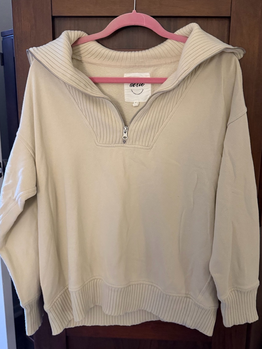aerie Cream Half-Zip Ribbed Collar Pullover